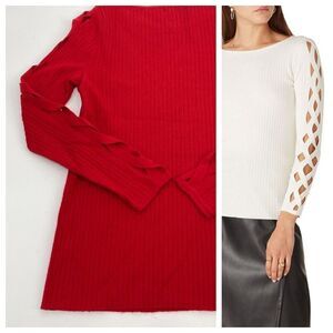 Ramy Brook XS Kimila Pullover Sweater Lattice Criss-Cross Arm Cashmere Blend Red